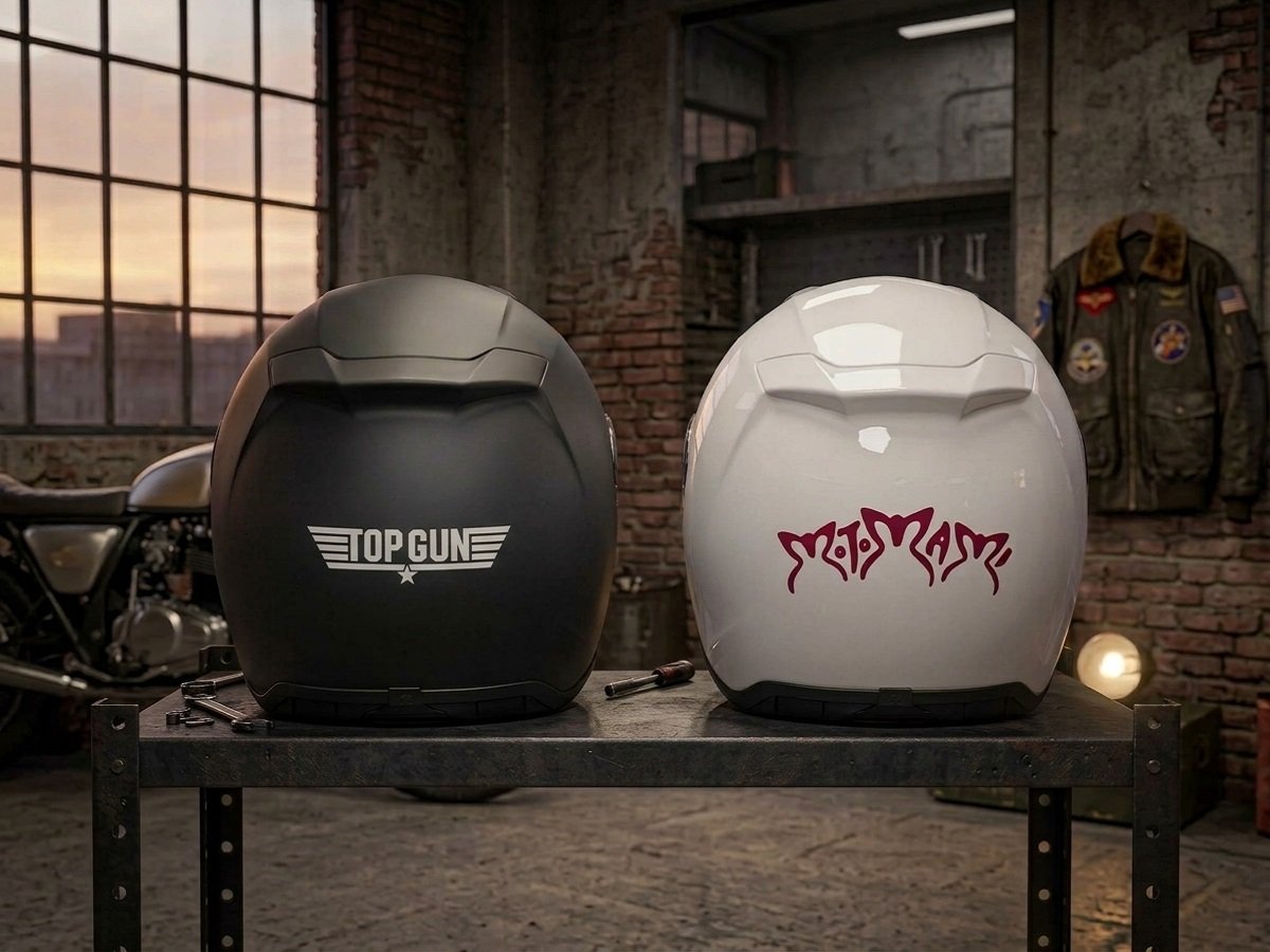 Casos de moto personalizados con los vinilos de los logotipos de Top Gun y Motomami